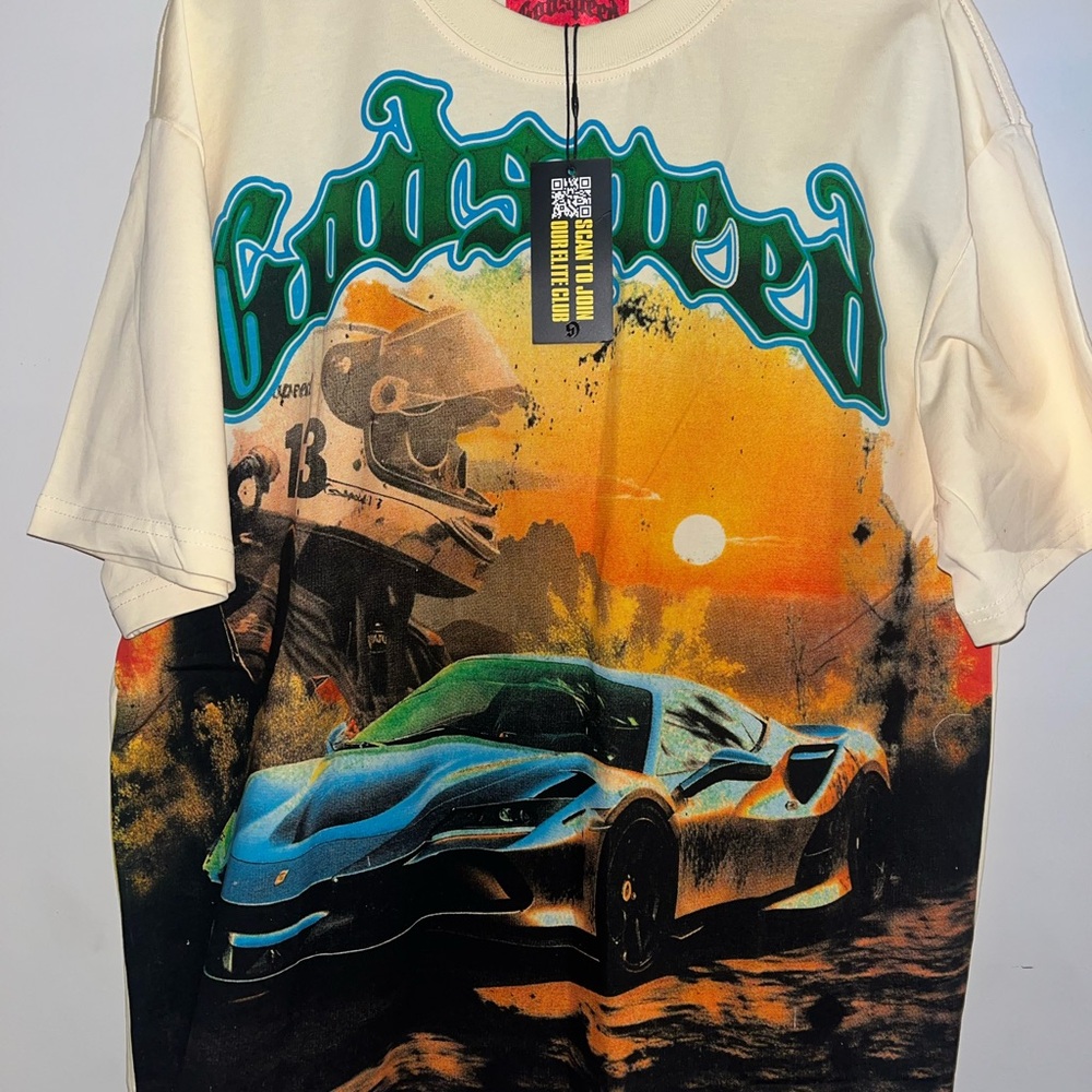 Cream Motorsport Graphic Tee with Orange & Blue Print